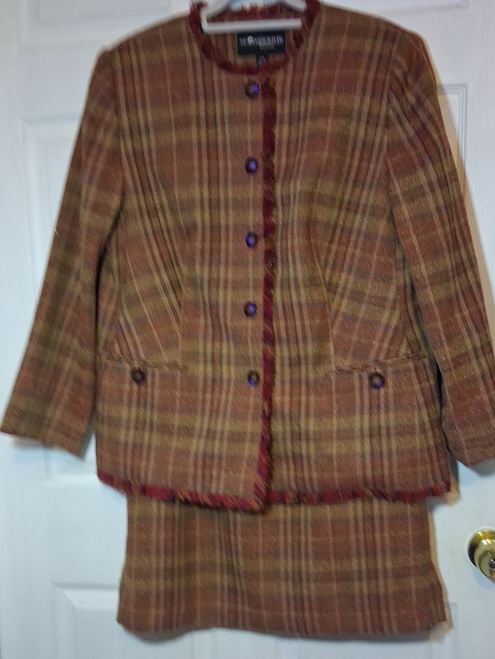 Plaid Two-Piece Skirt Suit in Rust and Mustard